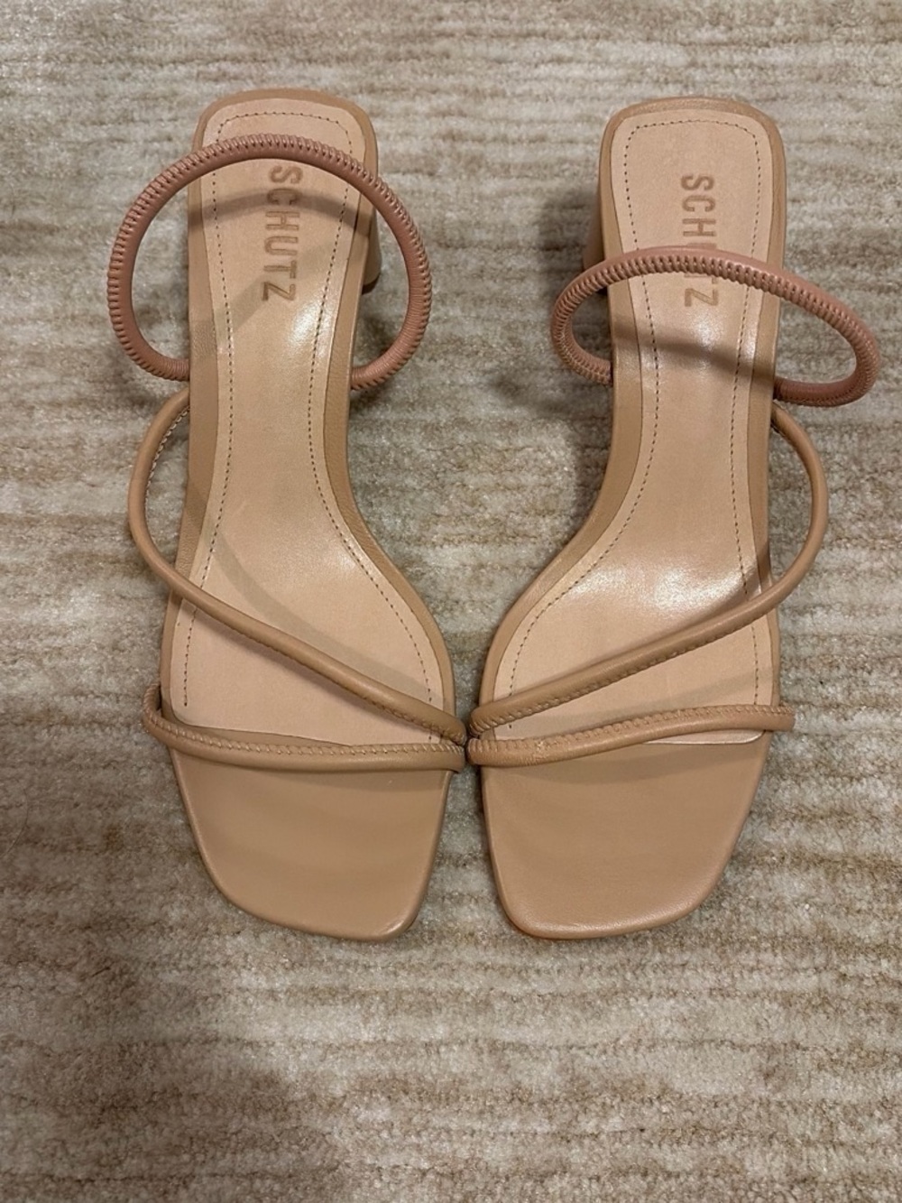 SCHUTZ Nude Tan Strappy Square-Toe Heels